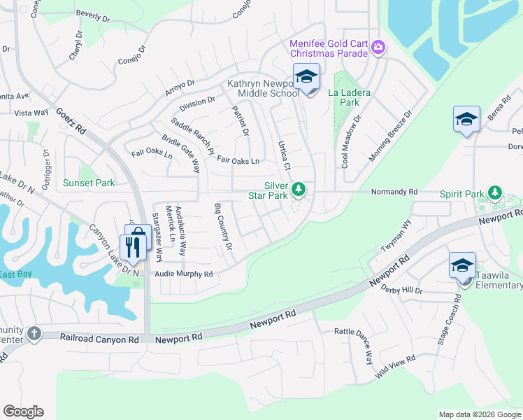 map of restaurants, bars, coffee shops, grocery stores, and more near 30087 Honor Court in Menifee