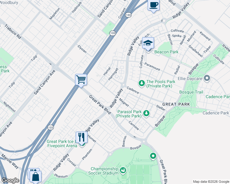 map of restaurants, bars, coffee shops, grocery stores, and more near in Irvine