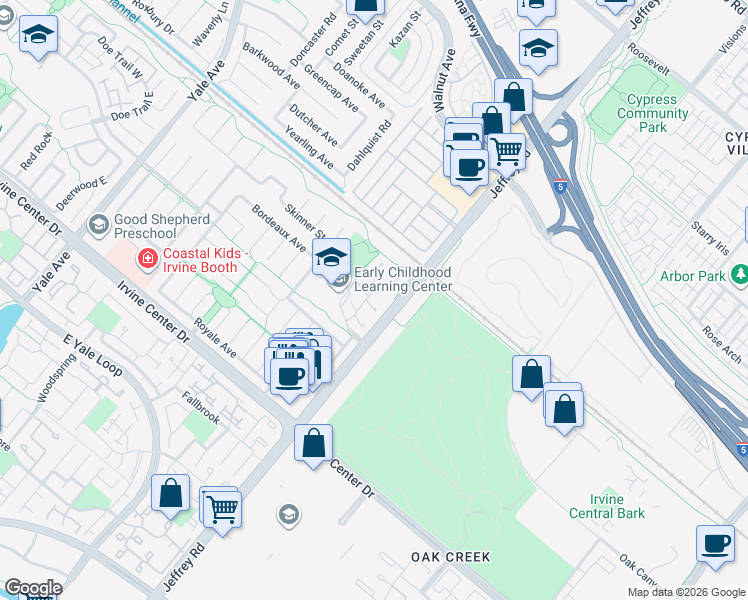 map of restaurants, bars, coffee shops, grocery stores, and more near 3 Locust in Irvine