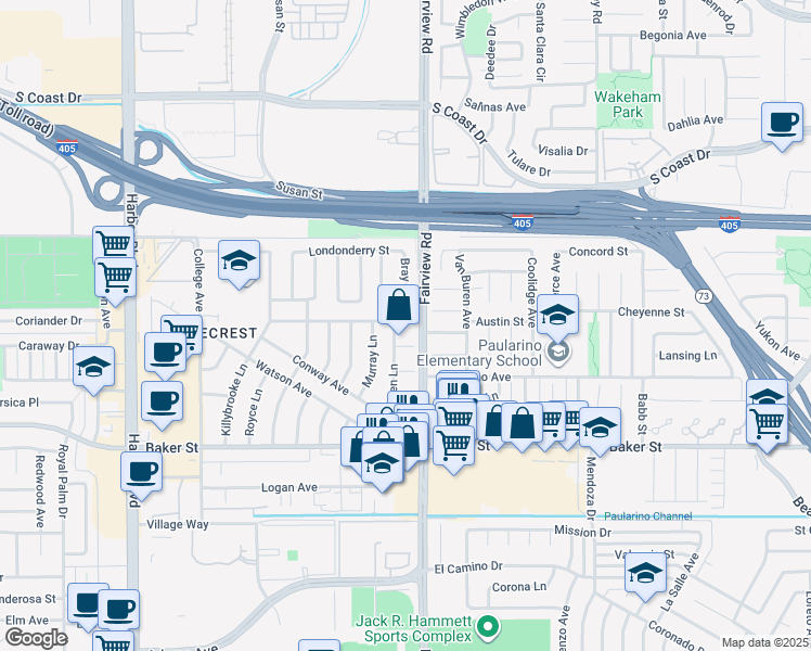 map of restaurants, bars, coffee shops, grocery stores, and more near 3101 Loren Lane in Costa Mesa