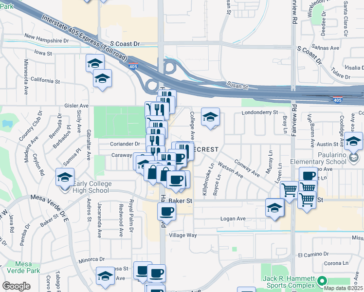 map of restaurants, bars, coffee shops, grocery stores, and more near 1430 Shamrock Lane in Costa Mesa