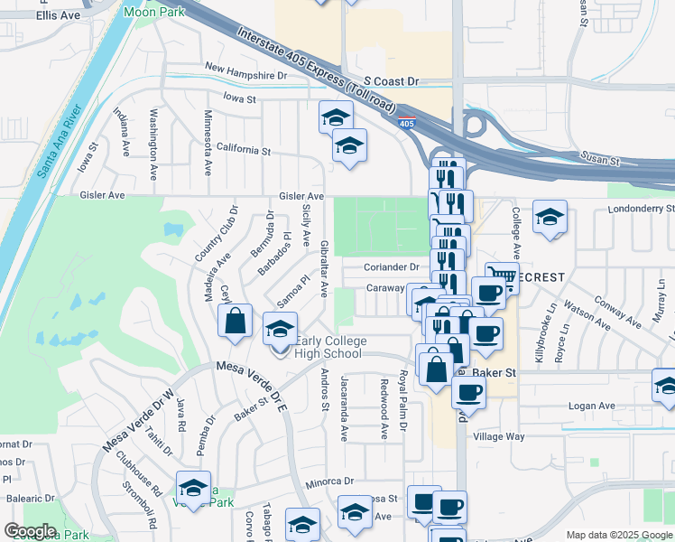 map of restaurants, bars, coffee shops, grocery stores, and more near 3118 Gibraltar Avenue in Costa Mesa
