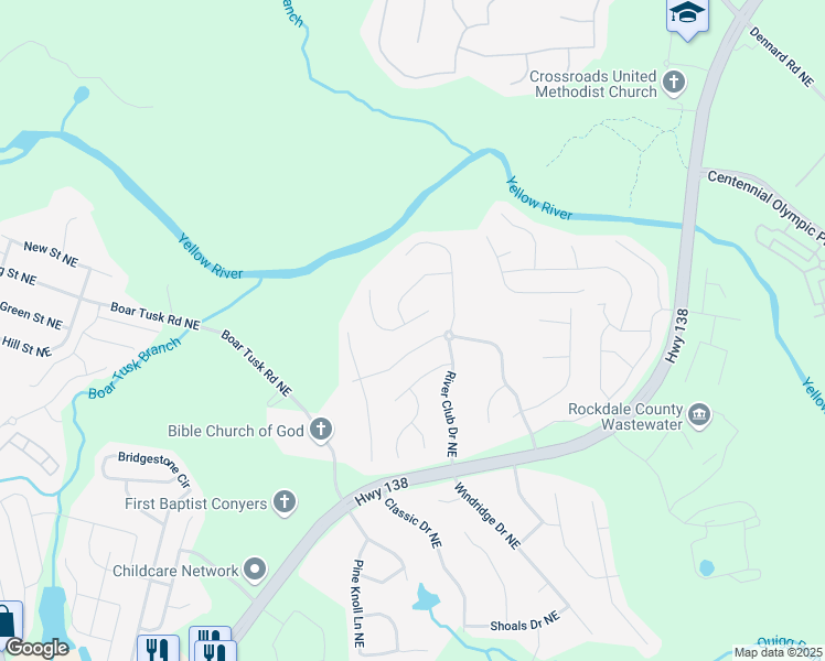 map of restaurants, bars, coffee shops, grocery stores, and more near 1710 River Mill Trail Northeast in Conyers