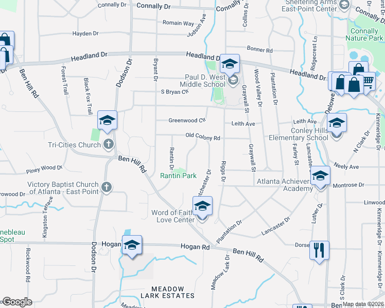 map of restaurants, bars, coffee shops, grocery stores, and more near 2619 Harmony Way in East Point