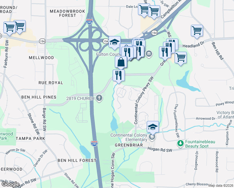 map of restaurants, bars, coffee shops, grocery stores, and more near 3260 Verdant Drive Southwest in Atlanta