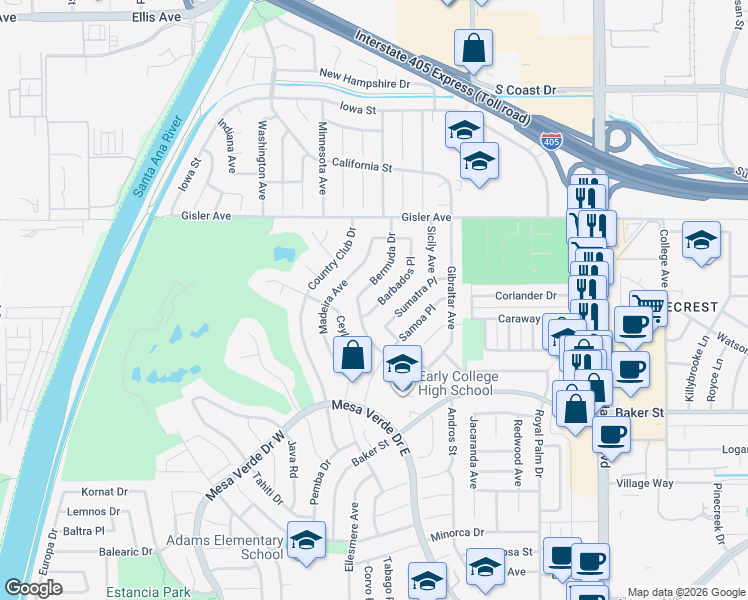 map of restaurants, bars, coffee shops, grocery stores, and more near 3109 Barbados Place in Costa Mesa