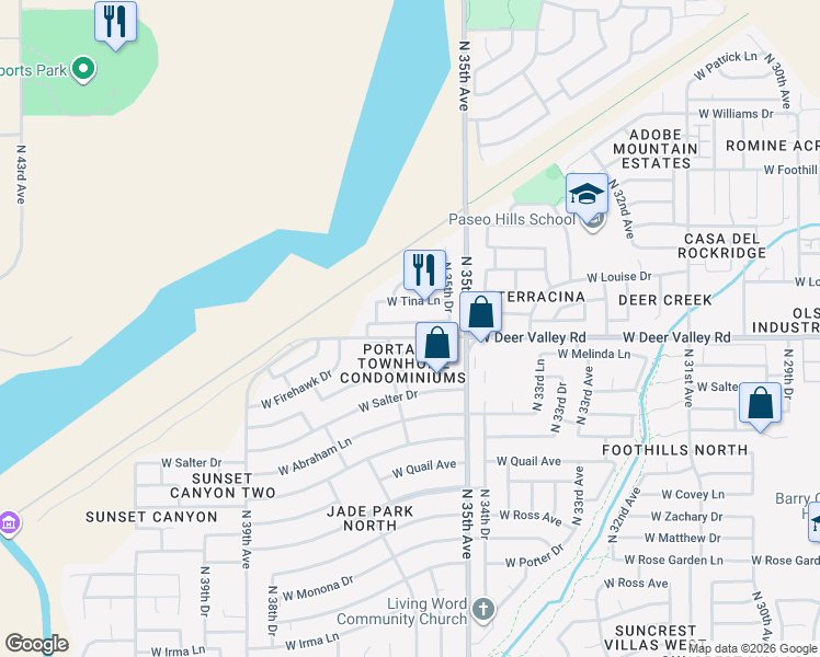 map of restaurants, bars, coffee shops, grocery stores, and more near 3551 West Via Del Sol Drive in Glendale