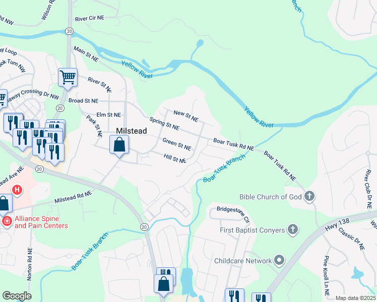map of restaurants, bars, coffee shops, grocery stores, and more near 1799 Green Street Northeast in Conyers