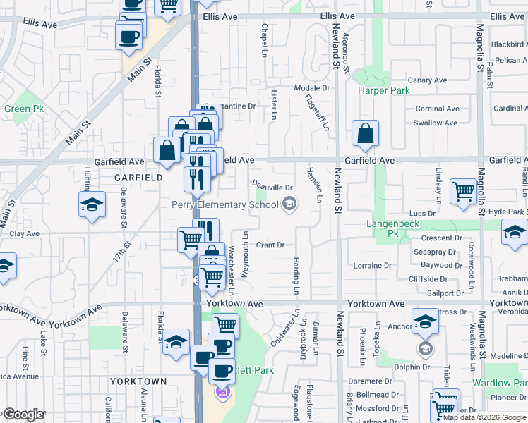 map of restaurants, bars, coffee shops, grocery stores, and more near 8167 Dartmoor Drive in Huntington Beach
