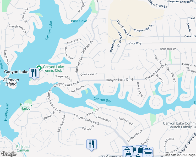 map of restaurants, bars, coffee shops, grocery stores, and more near 22900 Canyon Lake Drive North in Canyon Lake