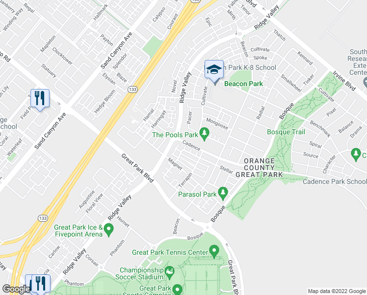 map of restaurants, bars, coffee shops, grocery stores, and more near 127 Stellar in Irvine