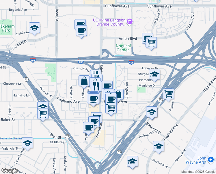 map of restaurants, bars, coffee shops, grocery stores, and more near 3070 Bristol Street in Costa Mesa