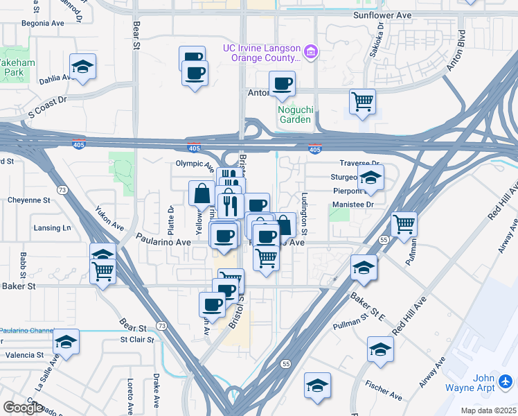 map of restaurants, bars, coffee shops, grocery stores, and more near 3070 Bristol Street in Costa Mesa