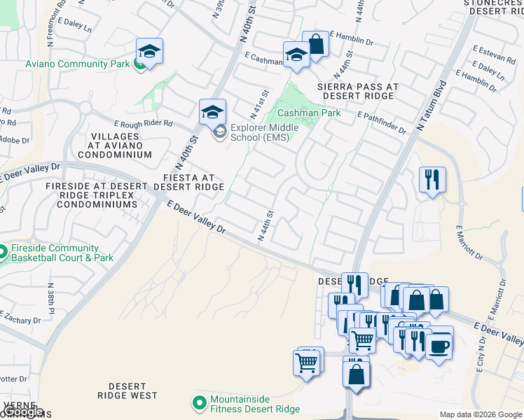 map of restaurants, bars, coffee shops, grocery stores, and more near 4363 East Gatewood Road in Phoenix