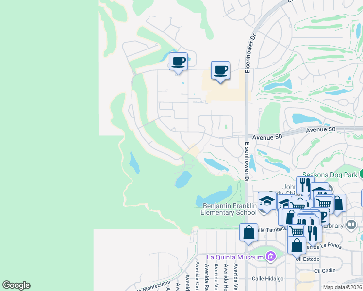 map of restaurants, bars, coffee shops, grocery stores, and more near 50116 Calle Rosarita in La Quinta
