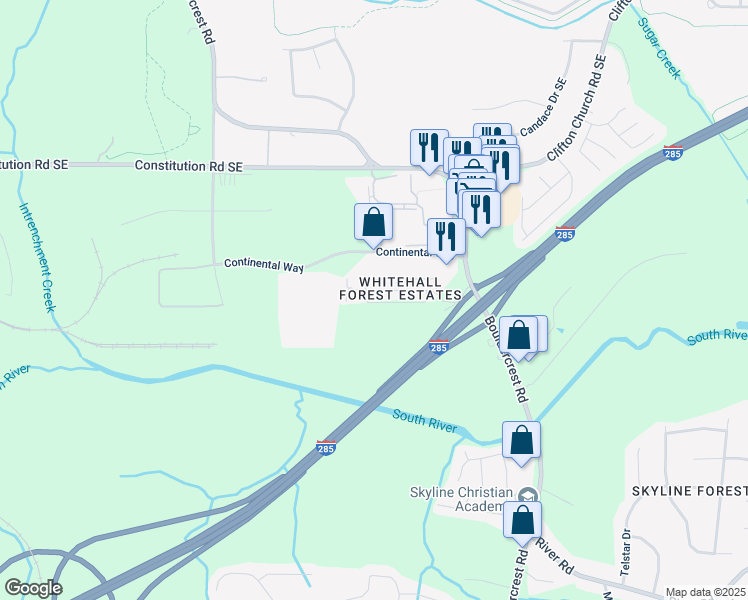 map of restaurants, bars, coffee shops, grocery stores, and more near 1823 Whitehall Forest Court Southeast in Atlanta