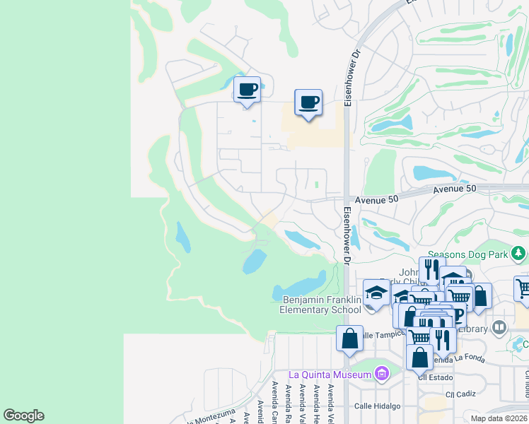 map of restaurants, bars, coffee shops, grocery stores, and more near 50116 Calle Rosarita in La Quinta