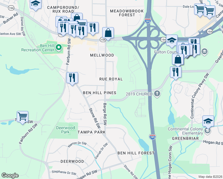 map of restaurants, bars, coffee shops, grocery stores, and more near 2637 Rex Avenue Southwest in Atlanta