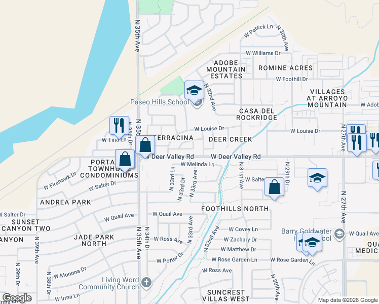 map of restaurants, bars, coffee shops, grocery stores, and more near 3347 West Via Del Sol Drive in Phoenix