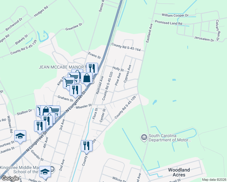 map of restaurants, bars, coffee shops, grocery stores, and more near 66 Myrtle Street in Kingstree