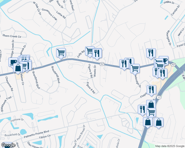 map of restaurants, bars, coffee shops, grocery stores, and more near 5427 Figure 8 Road in Myrtle Beach