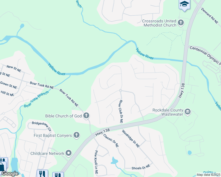 map of restaurants, bars, coffee shops, grocery stores, and more near 1710 River Mill Trail Northeast in Conyers