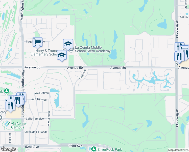 map of restaurants, bars, coffee shops, grocery stores, and more near 79185 Jack Rabbit Trail in La Quinta