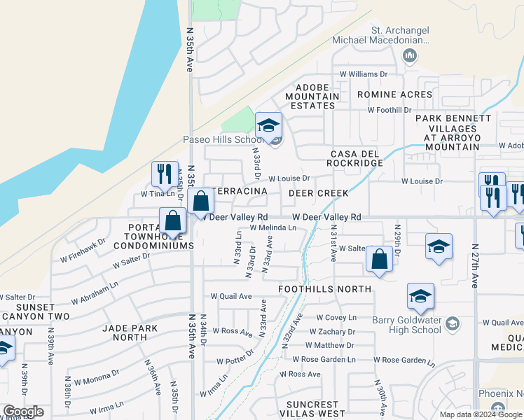 map of restaurants, bars, coffee shops, grocery stores, and more near 3331 West Via Del Sol Drive in Phoenix