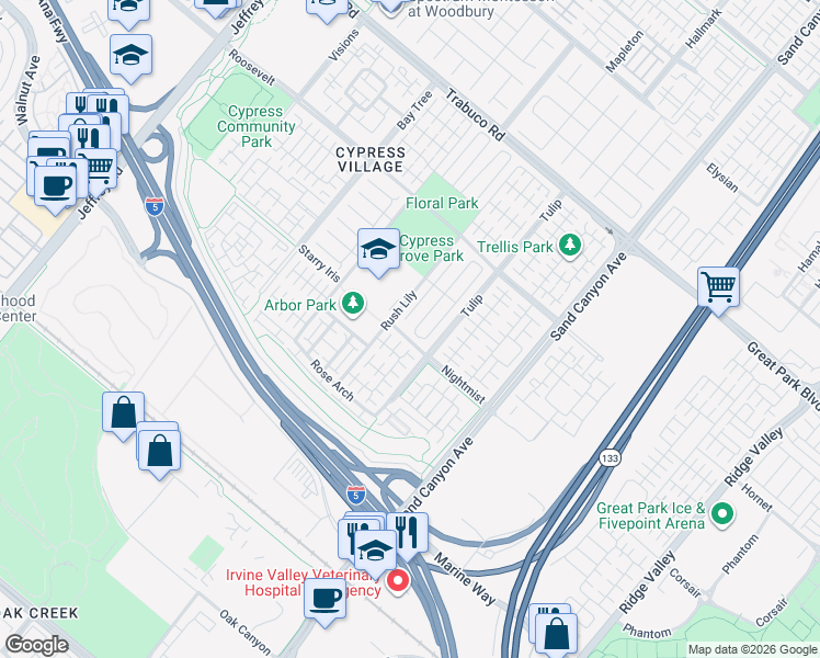 map of restaurants, bars, coffee shops, grocery stores, and more near 51 Peppermint in Irvine