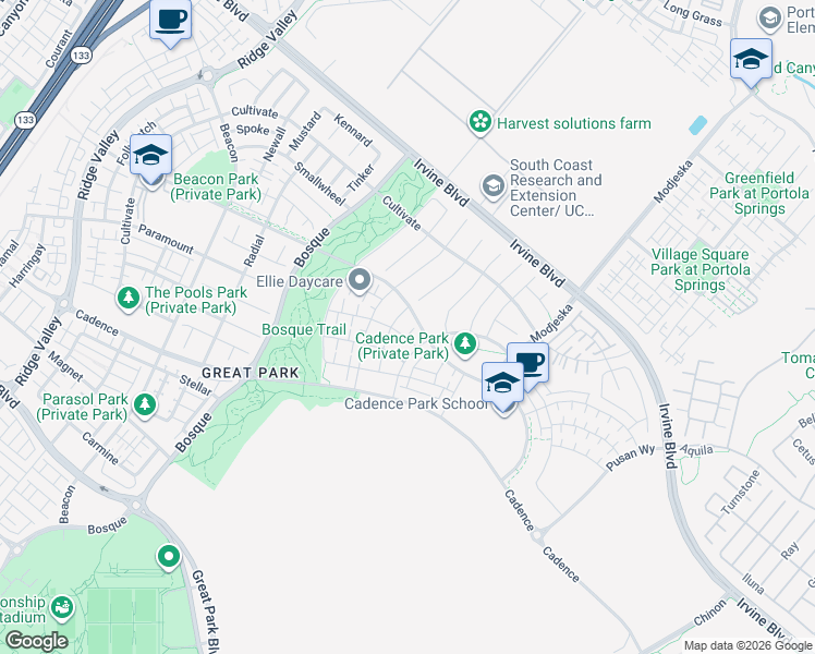 map of restaurants, bars, coffee shops, grocery stores, and more near 131 Spiral in Irvine