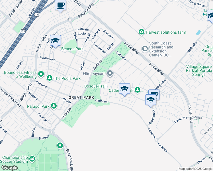 map of restaurants, bars, coffee shops, grocery stores, and more near 113 Source in Irvine