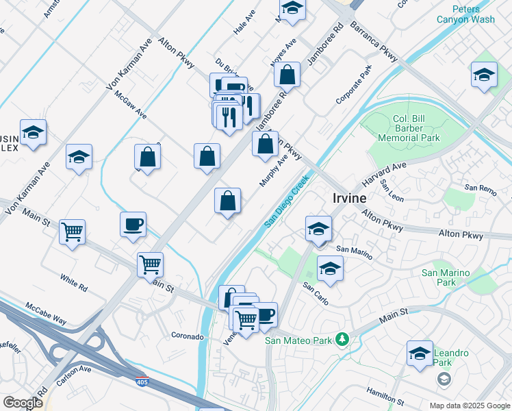 map of restaurants, bars, coffee shops, grocery stores, and more near 17242 Murphy Avenue in Irvine