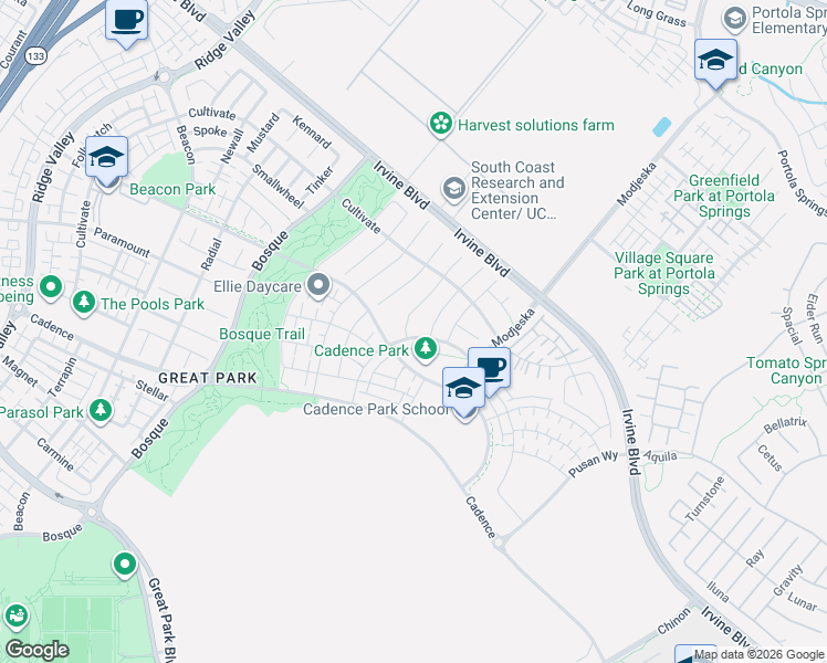 map of restaurants, bars, coffee shops, grocery stores, and more near 136 Drama in Irvine
