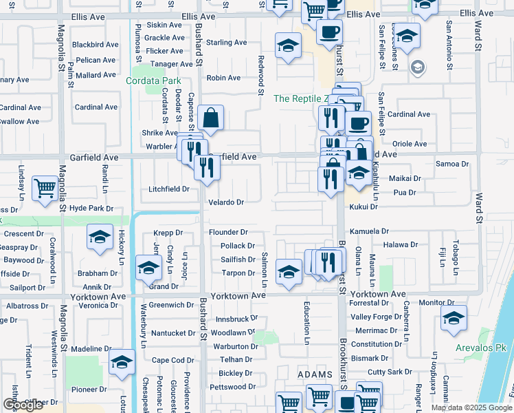 map of restaurants, bars, coffee shops, grocery stores, and more near 9682 Velardo Drive in Huntington Beach