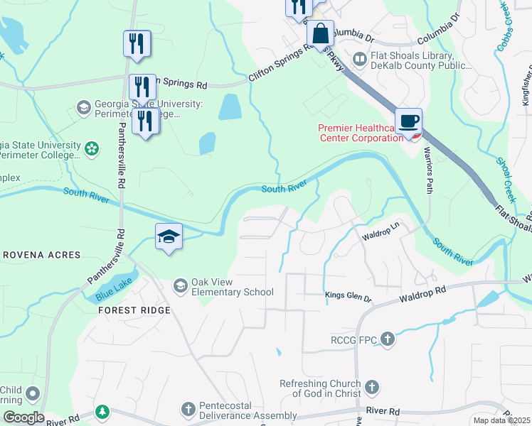 map of restaurants, bars, coffee shops, grocery stores, and more near 19302 Waldrop Cove in Decatur