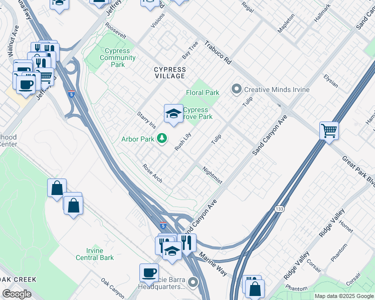 map of restaurants, bars, coffee shops, grocery stores, and more near 51 Peppermint in Irvine