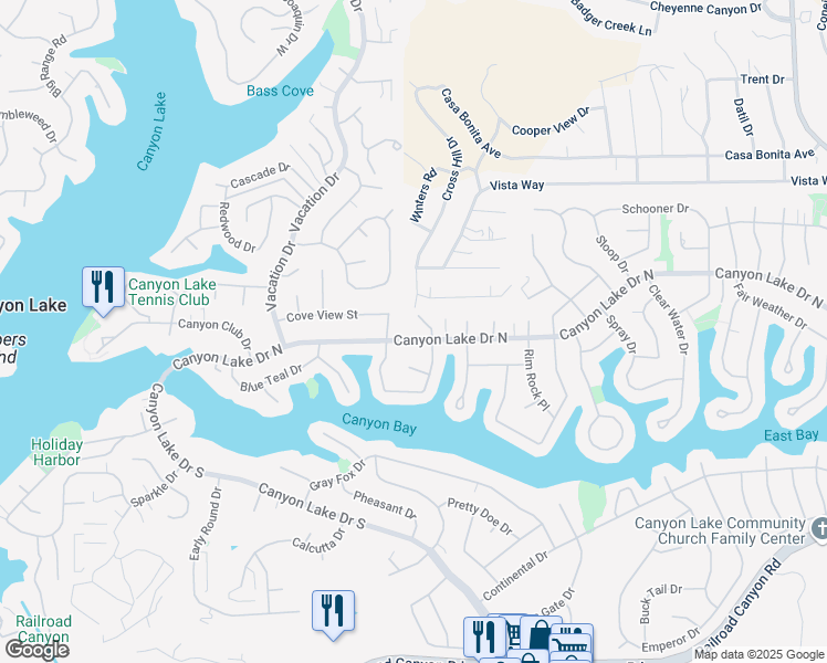 map of restaurants, bars, coffee shops, grocery stores, and more near 23028 Canyon Lake Drive South in Canyon Lake