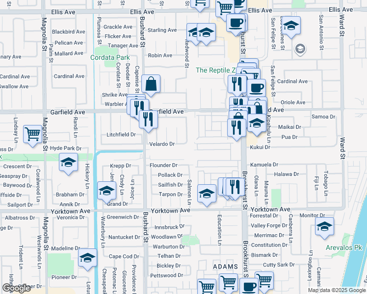 map of restaurants, bars, coffee shops, grocery stores, and more near 9682 Velardo Drive in Huntington Beach