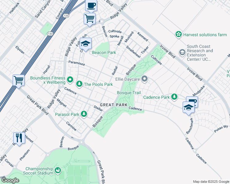 map of restaurants, bars, coffee shops, grocery stores, and more near 105 Calderon in Irvine