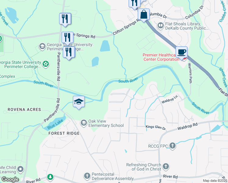 map of restaurants, bars, coffee shops, grocery stores, and more near 16102 Waldrop Cove in Decatur