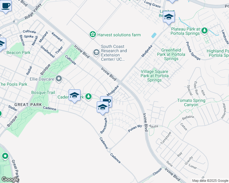 map of restaurants, bars, coffee shops, grocery stores, and more near 132 Modjeska in Irvine
