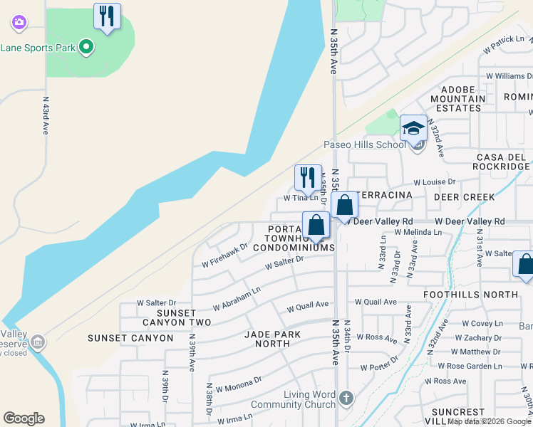 map of restaurants, bars, coffee shops, grocery stores, and more near 3627 West Via Del Sol Drive in Glendale