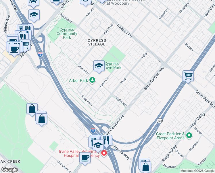 map of restaurants, bars, coffee shops, grocery stores, and more near 51 Peppermint in Irvine