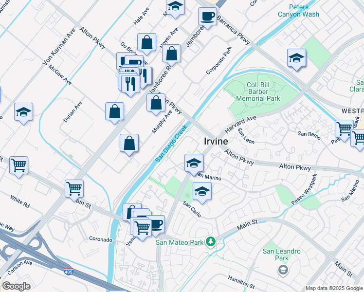 map of restaurants, bars, coffee shops, grocery stores, and more near 92 Alicante Aisle in Irvine