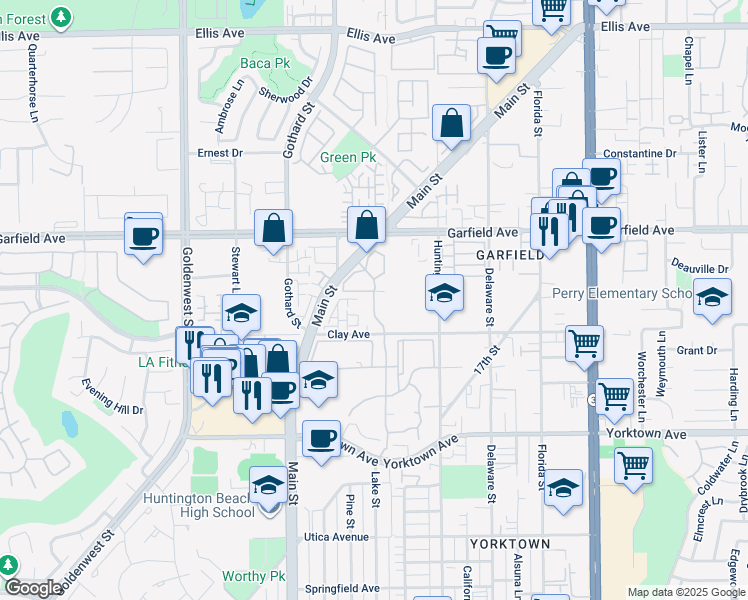 map of restaurants, bars, coffee shops, grocery stores, and more near 19172 Shoreline Lane in Huntington Beach