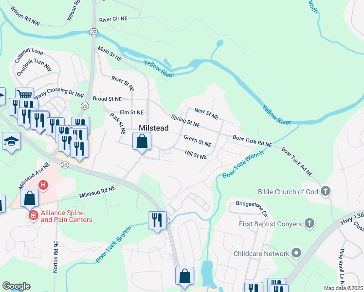map of restaurants, bars, coffee shops, grocery stores, and more near 1724 Hill Street Northeast in Conyers