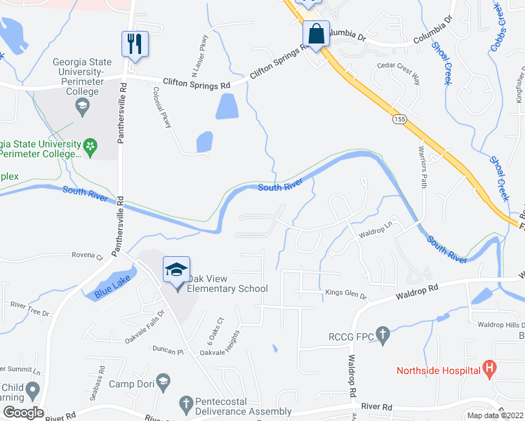 map of restaurants, bars, coffee shops, grocery stores, and more near 19303 Waldrop Trail in Decatur