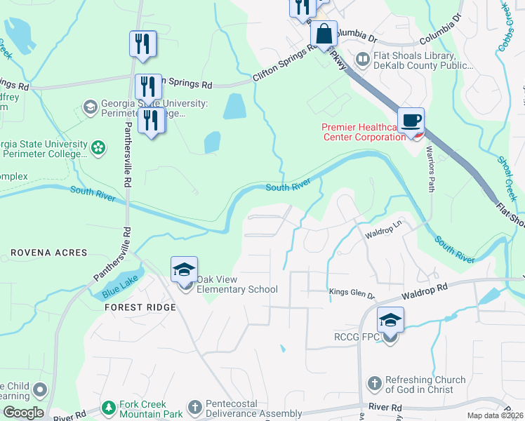 map of restaurants, bars, coffee shops, grocery stores, and more near 19303 Waldrop Trail in Decatur