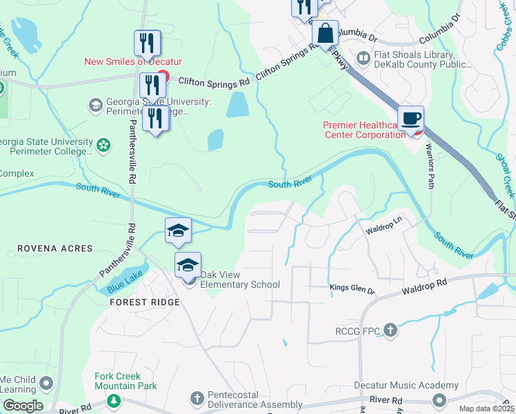 map of restaurants, bars, coffee shops, grocery stores, and more near 17301 Waldrop Cove in Decatur