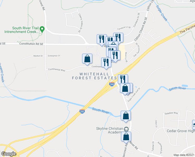 map of restaurants, bars, coffee shops, grocery stores, and more near 1777 Whitehall Forest Court Southeast in Atlanta